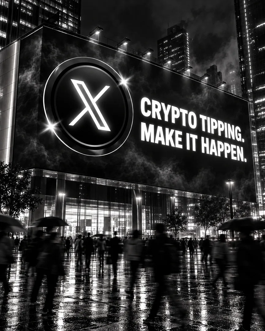 A giant city billboard at night: Crypto tipping. Make it happen.