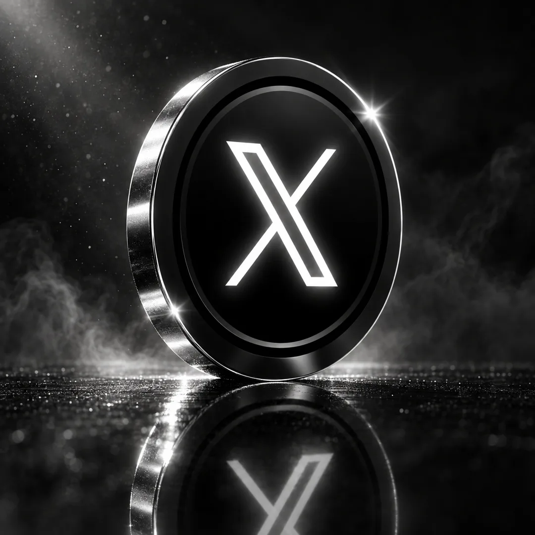 The chrome X Coin standing on its edge on a wet, glittering surface