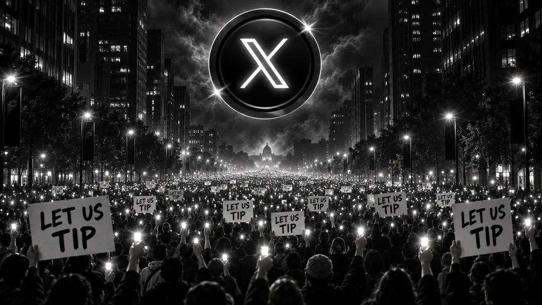 A night-time crowd fills a city avenue holding phones and signs that read LET US TIP, under a glowing X Coin in the clouds