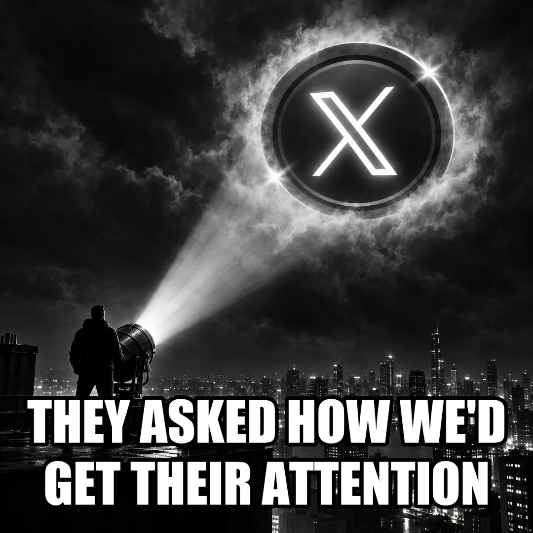 Meme: they asked how we'd get their attention, a man on a rooftop shines an X Coin signal into the clouds