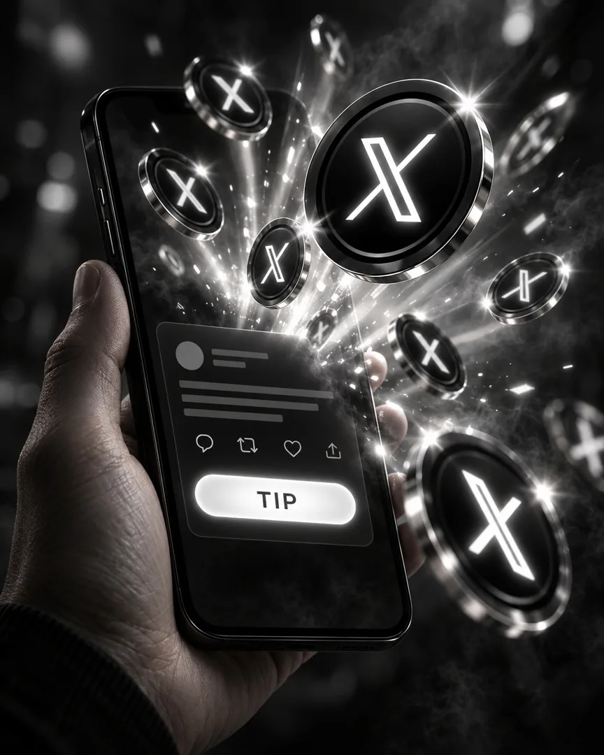 A hand holds a phone as chrome X coins burst out of a post with a glowing Tip button