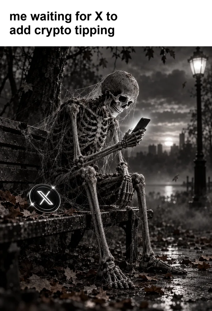 Meme: me waiting for X to add crypto tipping, a skeleton on a park bench staring at a phone