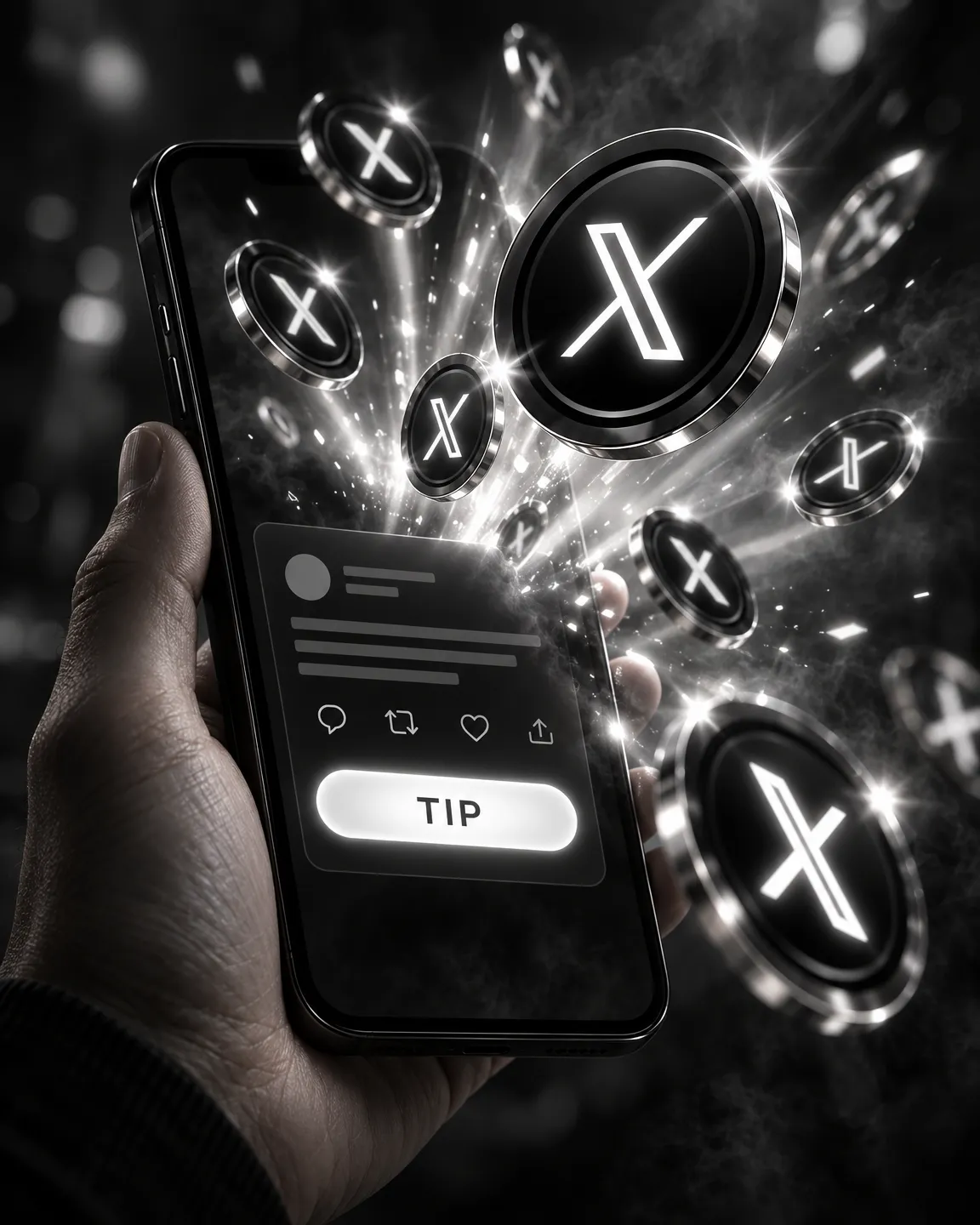 A hand holds a phone as chrome X coins burst from a post with a glowing Tip button